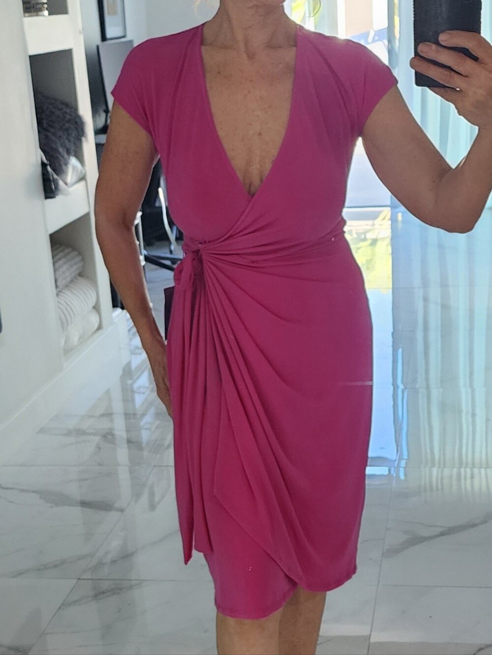 Maggy London Hot Pink V-Neck Draped Midi Dress
